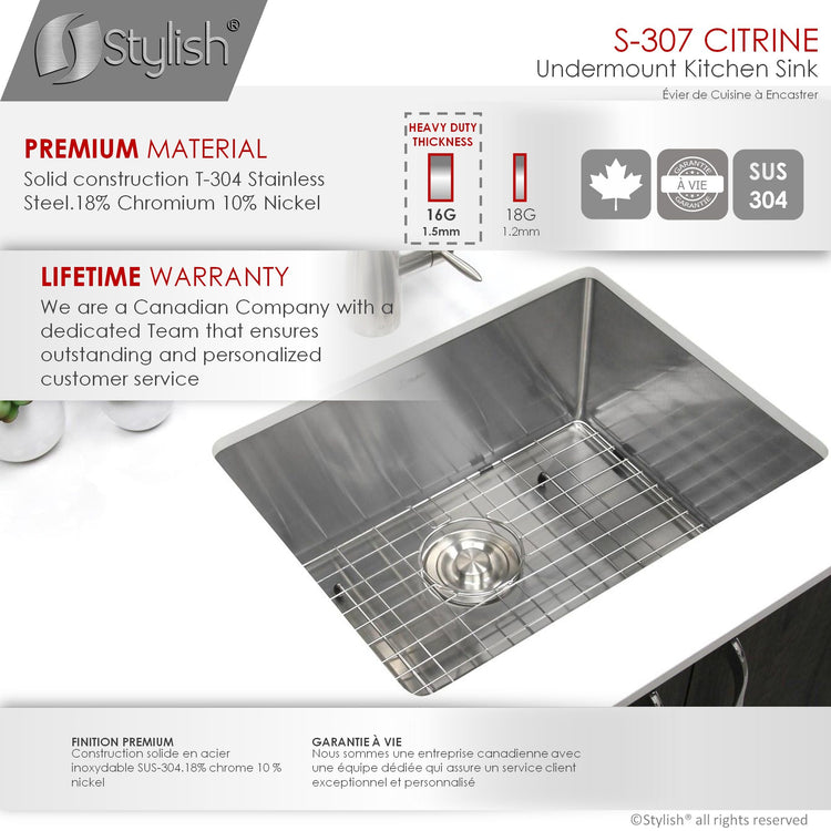 23L x 18W-inch Undermount Single Bowl 16 Gauge Stainless Steel Kitchen Sink with Grid and Strainer