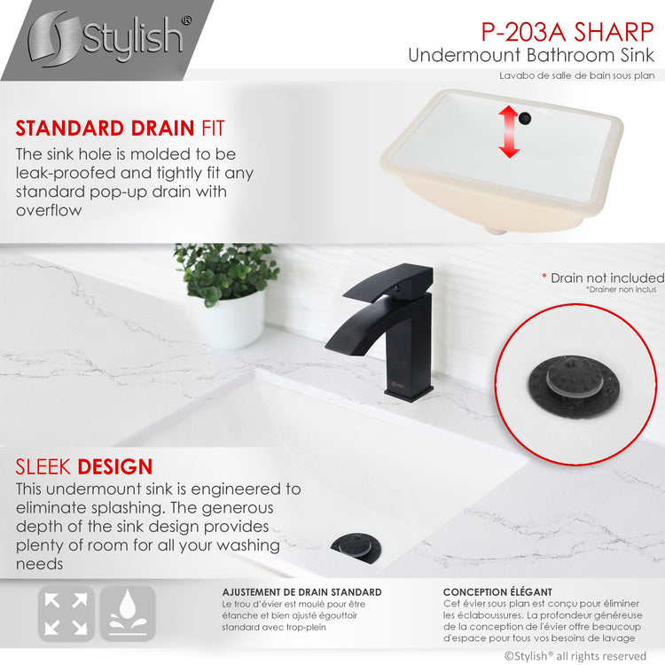 Porcelain Rectangular 21 inch Undermount Bathroom Sink with Matte Black Overflow