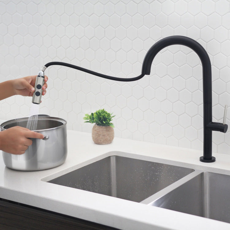 Stylish - Single Handle Pull Down Sprayer Kitchen Faucet in Matte Black/Silver Finish