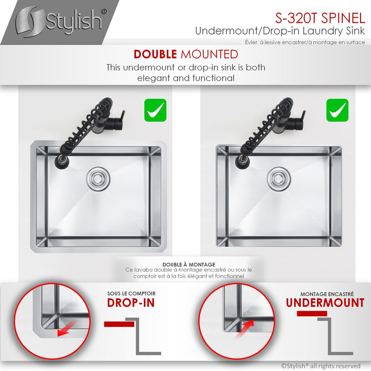 22L x 18W-inch Dual Mount Single Bowl 18 Gauge Stainless Steel Laundry Sink with Strainer