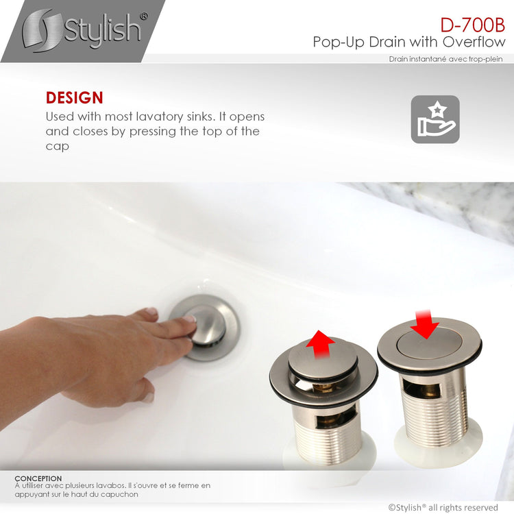 Bathroom Vanity Sink Pop-Up Drain with Overflow in Brushed Nickel