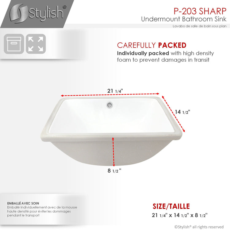 Porcelain Rectangular 21 inch Undermount Bathroom Sink with Overflow