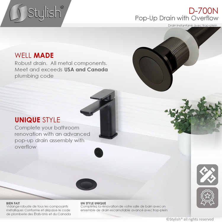 Bathroom Vanity Sink Pop-Up Drain with Overflow in Matte Black