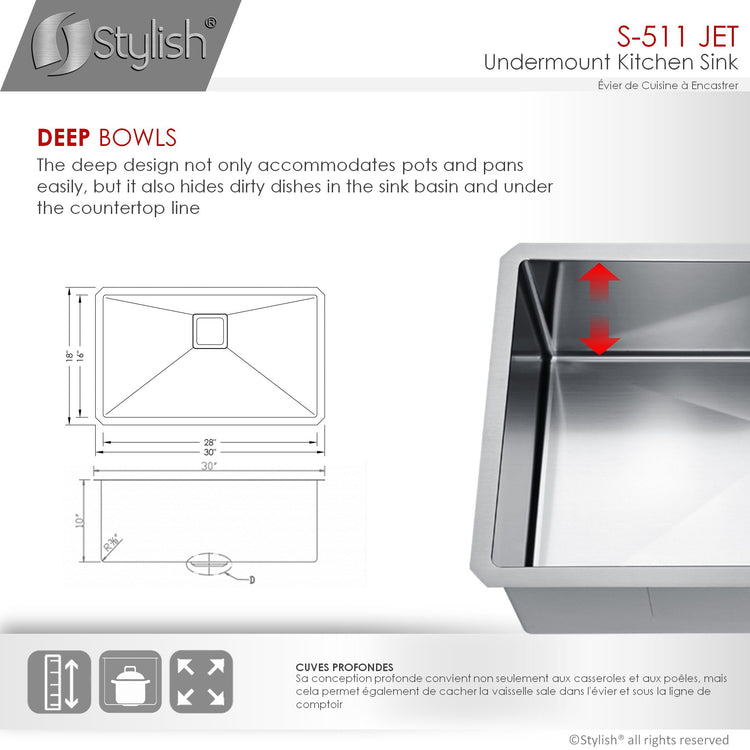 30L x 18W-inch Undermount Single Bowl 16G Stainless Steel Kitchen Sink with Grid and Square Strainer